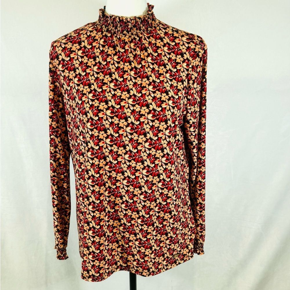 Anne Klein long sleeve floral smocked mock neck top size medium